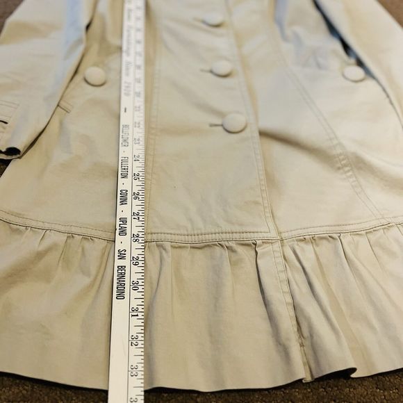 VTG Designer Women’s Mid Long Trench Coat Belted Jacket Overcoat Slim Fit Tan S - Picture 13 of 13